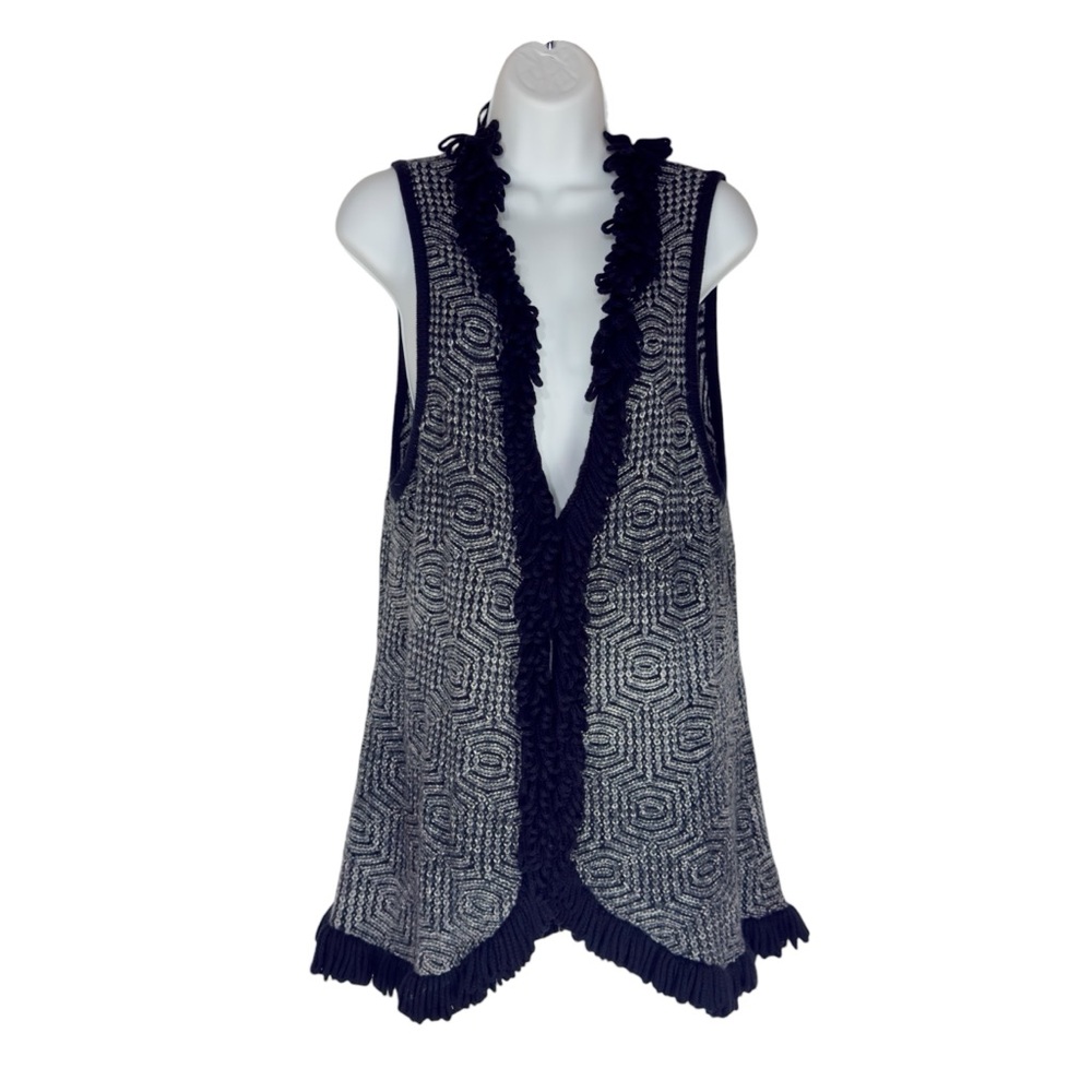 Jana Boho Gray White Geometric Cardigan Vest With Black Fringe Detail Large - Picture 2 of 14